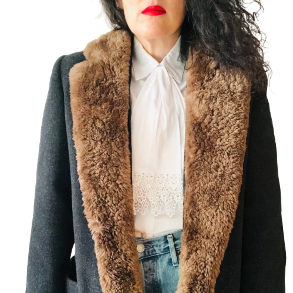 Vintage Perry Ellis Gray 100% Wool Fur Collar Dark Academia Coat USA ILGWU Made - Picture 2 of 16